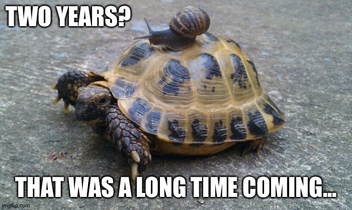 Snail riding turtle | TWO YEARS? THAT WAS A LONG TIME COMING... | image tagged in snail riding turtle | made w/ Imgflip meme maker