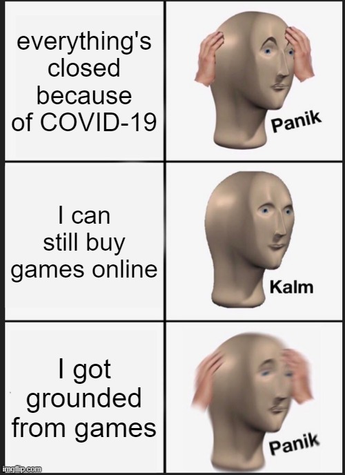 getting grounded from games in 2020 | everything's closed because of COVID-19; I can still buy games online; I got grounded from games | image tagged in memes,panik kalm panik | made w/ Imgflip meme maker