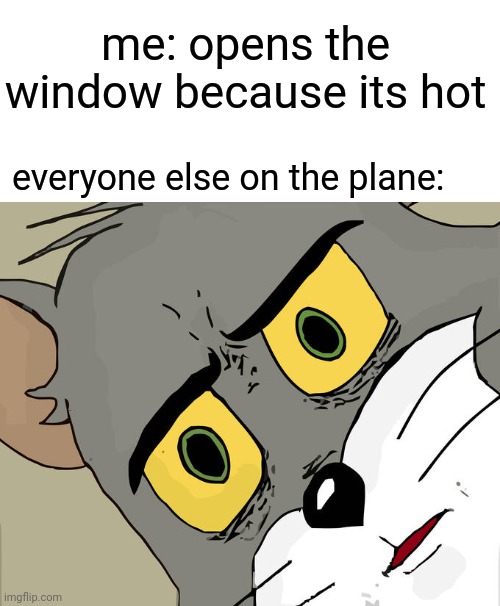 Unsettled Tom | me: opens the window because its hot; everyone else on the plane: | image tagged in memes,unsettled tom | made w/ Imgflip meme maker
