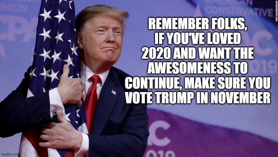 Trump 2020 | REMEMBER FOLKS, IF YOU'VE LOVED 2020 AND WANT THE AWESOMENESS TO CONTINUE, MAKE SURE YOU VOTE TRUMP IN NOVEMBER | image tagged in trump,donald trump | made w/ Imgflip meme maker