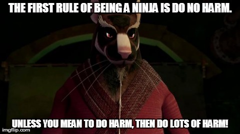 THE FIRST RULE OF BEING A NINJA IS DO NO HARM. UNLESS YOU MEAN TO DO HARM, THEN DO LOTS OF HARM! | made w/ Imgflip meme maker