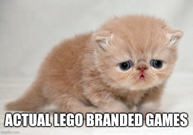 sad kitten | ACTUAL LEGO BRANDED GAMES | image tagged in sad kitten | made w/ Imgflip meme maker