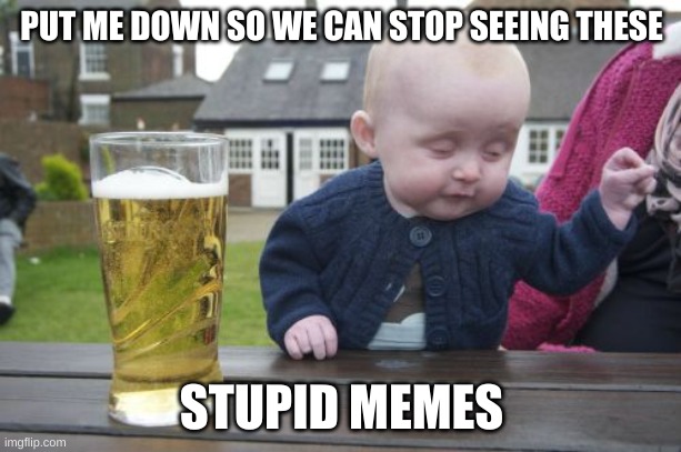 Drunk Baby Meme | PUT ME DOWN SO WE CAN STOP SEEING THESE STUPID MEMES | image tagged in memes,drunk baby | made w/ Imgflip meme maker