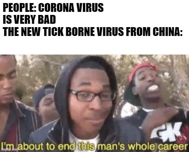 check the comments if u want to know what this is | PEOPLE: CORONA VIRUS IS VERY BAD
THE NEW TICK BORNE VIRUS FROM CHINA: | image tagged in i am about to end this mans whole career | made w/ Imgflip meme maker