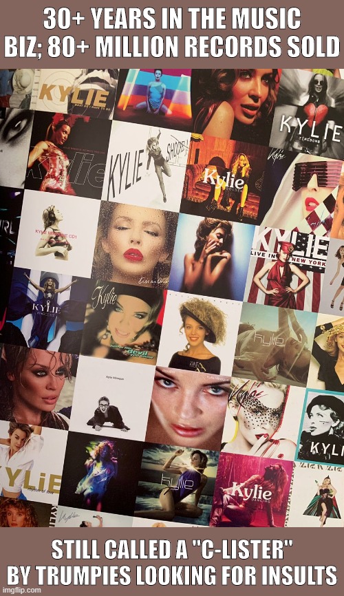 "KyLiE MiNoGUe iS a C-LiSTeR!!!!!!!!!" | 30+ YEARS IN THE MUSIC BIZ; 80+ MILLION RECORDS SOLD; STILL CALLED A "C-LISTER" BY TRUMPIES LOOKING FOR INSULTS | image tagged in kylie album compilation,celebrity,pop music,pop culture,records,conservative logic | made w/ Imgflip meme maker