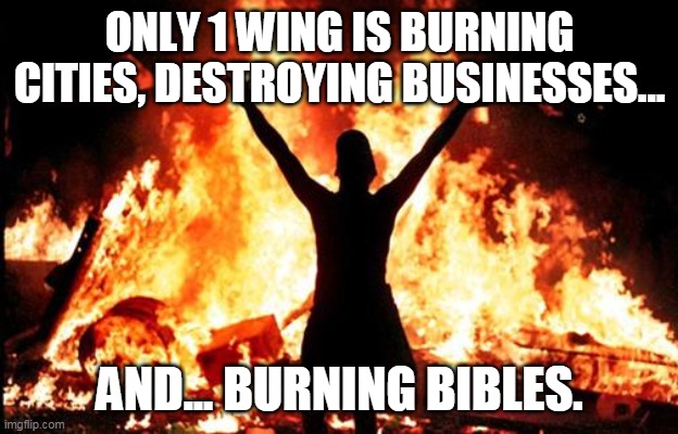 riot_image | ONLY 1 WING IS BURNING CITIES, DESTROYING BUSINESSES... AND... BURNING BIBLES. | image tagged in riot_image | made w/ Imgflip meme maker