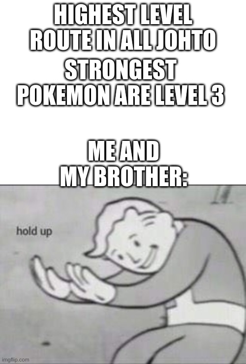 What it true | HIGHEST LEVEL ROUTE IN ALL JOHTO; STRONGEST POKEMON ARE LEVEL 3; ME AND MY BROTHER: | image tagged in blank white template,fallout hold up | made w/ Imgflip meme maker