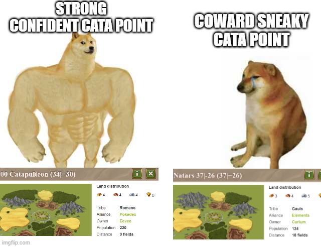 Buff Doge vs. Cheems Meme | STRONG CONFIDENT CATA POINT; COWARD SNEAKY CATA POINT | image tagged in strong doge weak doge | made w/ Imgflip meme maker