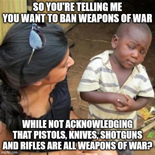 so youre telling me | SO YOU'RE TELLING ME YOU WANT TO BAN WEAPONS OF WAR; WHILE NOT ACKNOWLEDGING THAT PISTOLS, KNIVES, SHOTGUNS AND RIFLES ARE ALL WEAPONS OF WAR? | image tagged in so youre telling me | made w/ Imgflip meme maker