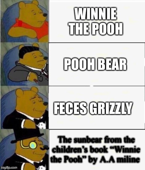 Winnie the Pooh | WINNIE THE POOH; POOH BEAR; FECES GRIZZLY; The sunbear from the children’s book “Winnie the Pooh” by A.A miline | image tagged in tuxedo winnie the pooh 4 panel | made w/ Imgflip meme maker