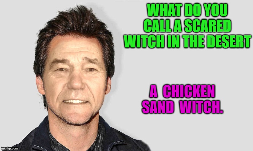 joke | WHAT DO YOU CALL A SCARED WITCH IN THE DESERT; A  CHICKEN  SAND  WITCH. | image tagged in kewlew,jokes | made w/ Imgflip meme maker