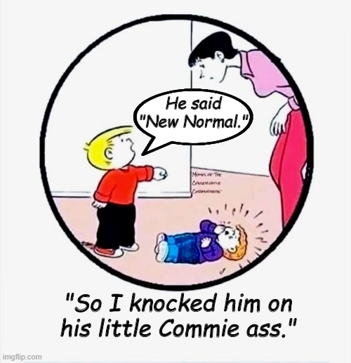 Hope you used a throat punch, Billy. | He said
"New Normal."; "So I knocked him on his little Commie ass." | image tagged in covid hoax,covid-19,marxism,communism | made w/ Imgflip meme maker