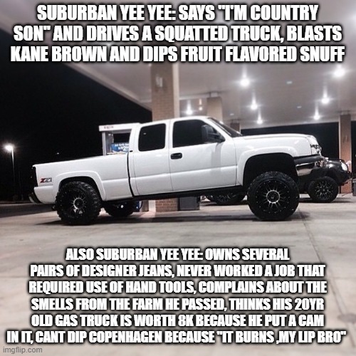 suburban yee yee | SUBURBAN YEE YEE: SAYS "I'M COUNTRY SON" AND DRIVES A SQUATTED TRUCK, BLASTS KANE BROWN AND DIPS FRUIT FLAVORED SNUFF; ALSO SUBURBAN YEE YEE: OWNS SEVERAL PAIRS OF DESIGNER JEANS, NEVER WORKED A JOB THAT REQUIRED USE OF HAND TOOLS, COMPLAINS ABOUT THE SMELLS FROM THE FARM HE PASSED, THINKS HIS 20YR OLD GAS TRUCK IS WORTH 8K BECAUSE HE PUT A CAM IN IT, CANT DIP COPENHAGEN BECAUSE "IT BURNS ,MY LIP BRO" | image tagged in yee,redneck,spoiled brat,squat,yeet baby,yeeee | made w/ Imgflip meme maker