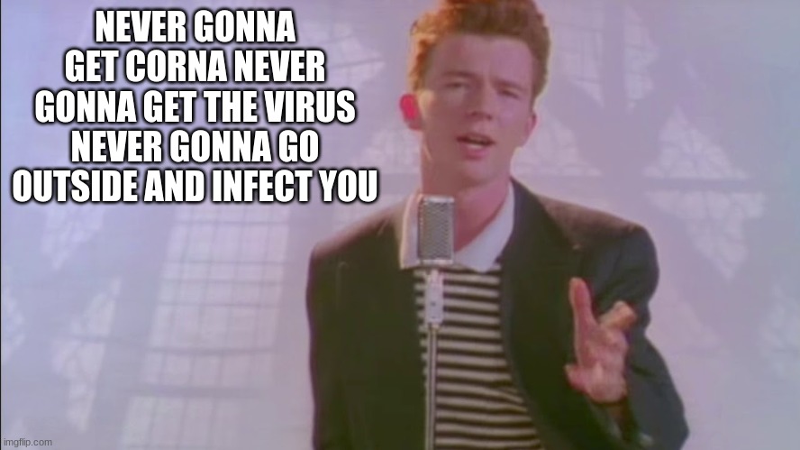 never gonna get corna | NEVER GONNA GET CORNA NEVER GONNA GET THE VIRUS NEVER GONNA GO OUTSIDE AND INFECT YOU | image tagged in funny | made w/ Imgflip meme maker