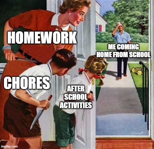 Family knives | HOMEWORK; ME COMING HOME FROM SCHOOL; CHORES; AFTER SCHOOL ACTIVITIES | image tagged in family knives | made w/ Imgflip meme maker