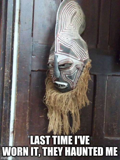 African Tribe Mask | LAST TIME I'VE WORN IT, THEY HAUNTED ME | image tagged in african tribe mask | made w/ Imgflip meme maker
