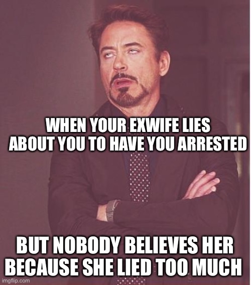 Ex wives Club | WHEN YOUR EXWIFE LIES ABOUT YOU TO HAVE YOU ARRESTED; BUT NOBODY BELIEVES HER BECAUSE SHE LIED TOO MUCH | image tagged in memes,face you make robert downey jr | made w/ Imgflip meme maker
