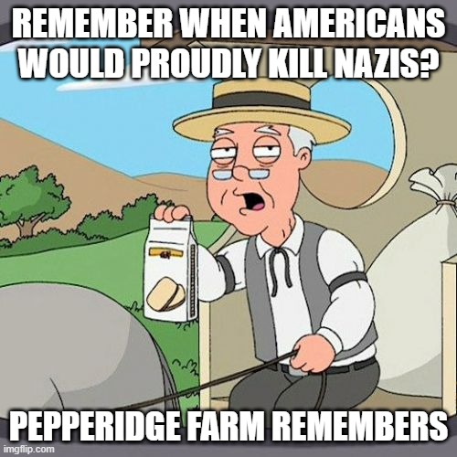 Pepperidge Farm Remembers Meme | REMEMBER WHEN AMERICANS WOULD PROUDLY KILL NAZIS? PEPPERIDGE FARM REMEMBERS | image tagged in memes,pepperidge farm remembers | made w/ Imgflip meme maker