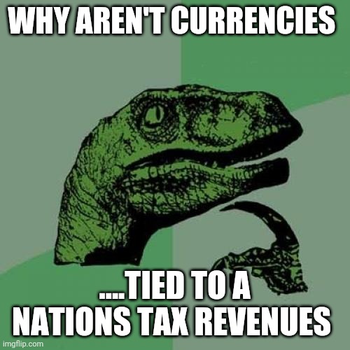 Philosoraptor Meme | WHY AREN'T CURRENCIES; ....TIED TO A NATIONS TAX REVENUES | image tagged in memes,philosoraptor | made w/ Imgflip meme maker