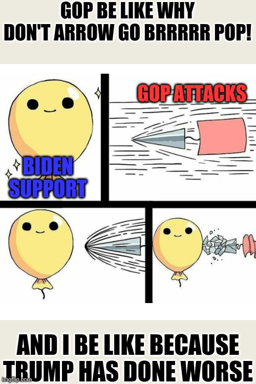 GOP attacks go brrr | GOP BE LIKE WHY DON'T ARROW GO BRRRRR POP! GOP ATTACKS; BIDEN SUPPORT; AND I BE LIKE BECAUSE TRUMP HAS DONE WORSE | image tagged in indestructible balloon,nooo haha go brrr,joe biden,donald trump,election 2020 | made w/ Imgflip meme maker