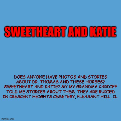Sweetheart and Katie | SWEETHEART AND KATIE; DOES ANYONE HAVE PHOTOS AND STORIES ABOUT DR. THOMAS AND THESE HORSES? SWEETHEART AND KATIE? MY MY GRANDMA CARDIFF TOLD ME STORIES ABOUT THEM. THEY ARE BURIED IN CRESCENT HEIGHTS CEMETERY, PLEASANT HILL, IL. | image tagged in light blue sucks | made w/ Imgflip meme maker