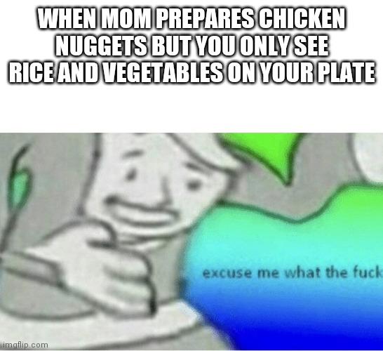 Excuse me wtf blank template | WHEN MOM PREPARES CHICKEN NUGGETS BUT YOU ONLY SEE RICE AND VEGETABLES ON YOUR PLATE | image tagged in excuse me wtf blank template | made w/ Imgflip meme maker