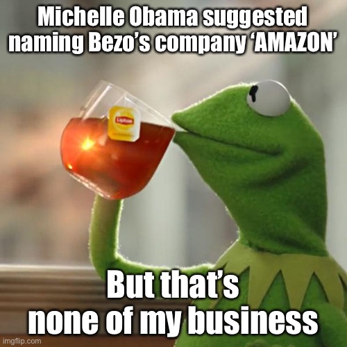 But That's None Of My Business | Michelle Obama suggested naming Bezo’s company ‘AMAZON’; But that’s none of my business | image tagged in memes,but that's none of my business,kermit the frog | made w/ Imgflip meme maker