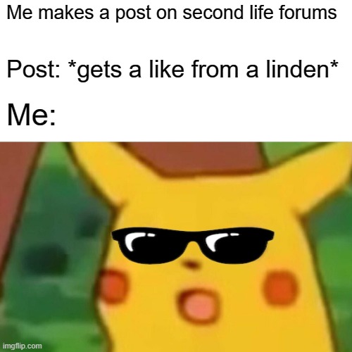 Surprised Pikachu | Me makes a post on second life forums; Post: *gets a like from a linden*; Me: | image tagged in memes,surprised pikachu | made w/ Imgflip meme maker