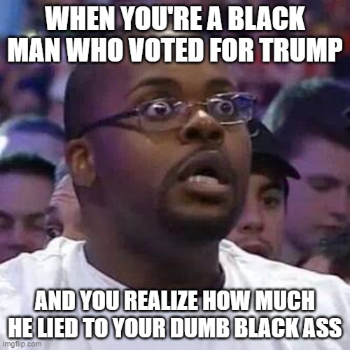 Research the party you are going to vote for | WHEN YOU'RE A BLACK MAN WHO VOTED FOR TRUMP; AND YOU REALIZE HOW MUCH HE LIED TO YOUR DUMB BLACK ASS | image tagged in black guy confused,disappointed black guy,duhhh dumbass | made w/ Imgflip meme maker