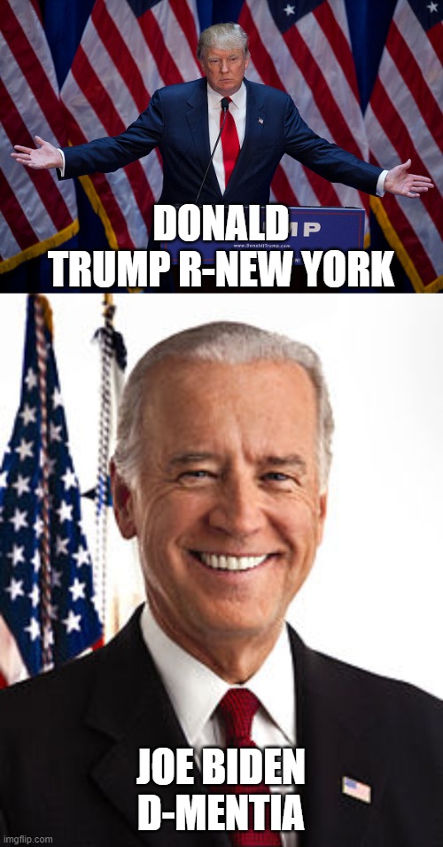 DONALD TRUMP R-NEW YORK; JOE BIDEN D-MENTIA | image tagged in memes,joe biden,donald trump | made w/ Imgflip meme maker