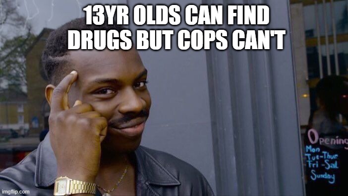 Roll Safe Think About It Meme | 13YR OLDS CAN FIND DRUGS BUT COPS CAN'T | image tagged in memes,roll safe think about it | made w/ Imgflip meme maker