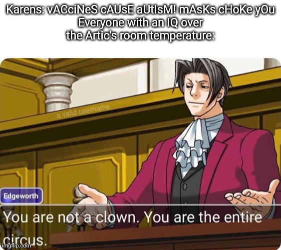 You are not a clown. You are the entire circus. | Karens: vACciNeS cAUsE aUtIsM! mAsKs cHoKe yOu

Everyone with an IQ over the Artic's room temperature: | image tagged in you are not a clown you are the entire circus | made w/ Imgflip meme maker