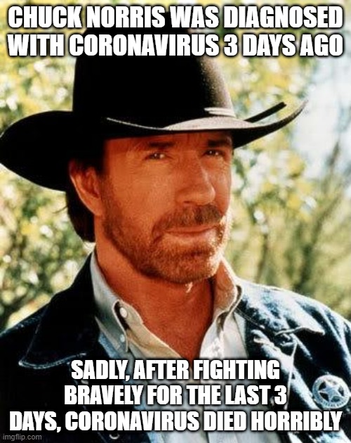 Did You Know? | CHUCK NORRIS WAS DIAGNOSED WITH CORONAVIRUS 3 DAYS AGO; SADLY, AFTER FIGHTING BRAVELY FOR THE LAST 3 DAYS, CORONAVIRUS DIED HORRIBLY | image tagged in memes,chuck norris | made w/ Imgflip meme maker