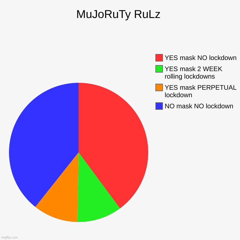 MuJoRuTy RuLz | MuJoRuTy RuLz | NO mask NO lockdown, YES mask PERPETUAL lockdown, YES mask 2 WEEK rolling lockdowns, YES mask NO lockdown | image tagged in charts,pie charts,covid-19 | made w/ Imgflip chart maker