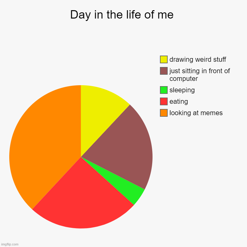 Day in the life of me | looking at memes, eating, sleeping, just sitting in front of computer, drawing weird stuff | image tagged in charts,pie charts | made w/ Imgflip chart maker