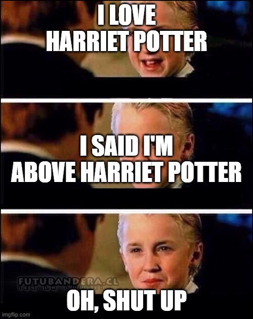 Draco Malfoy | I LOVE HARRIET POTTER; I SAID I'M ABOVE HARRIET POTTER; OH, SHUT UP | image tagged in draco malfoy | made w/ Imgflip meme maker