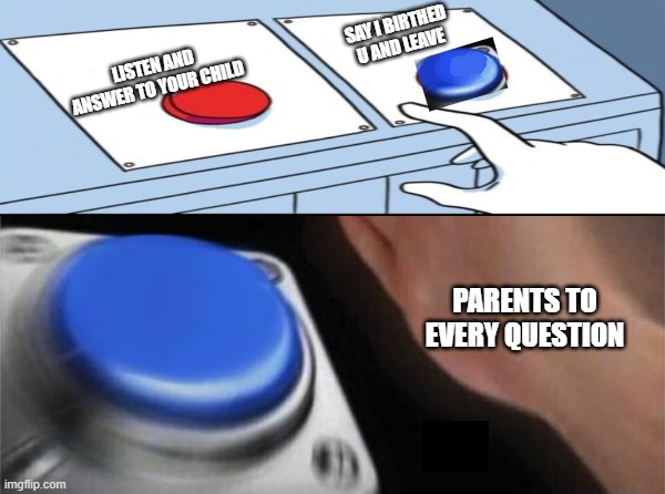 Blank Nut Button | SAY I BIRTHED U AND LEAVE; LISTEN AND ANSWER TO YOUR CHILD; PARENTS TO EVERY QUESTION | image tagged in memes,blank nut button | made w/ Imgflip meme maker