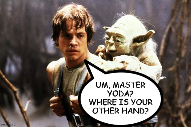 Touchy Touchy Yoda | UM, MASTER YODA? WHERE IS YOUR OTHER HAND? | image tagged in yoda,luke skywalker | made w/ Imgflip meme maker