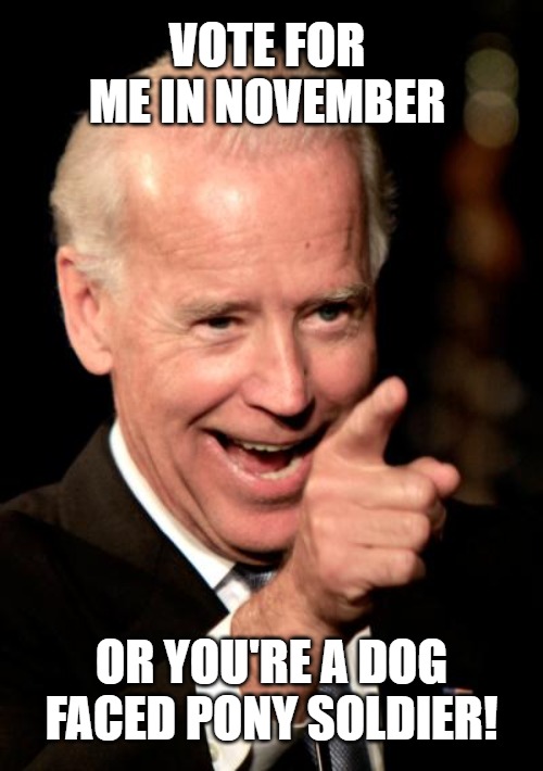 Smilin Biden | VOTE FOR ME IN NOVEMBER; OR YOU'RE A DOG FACED PONY SOLDIER! | image tagged in memes,smilin biden | made w/ Imgflip meme maker