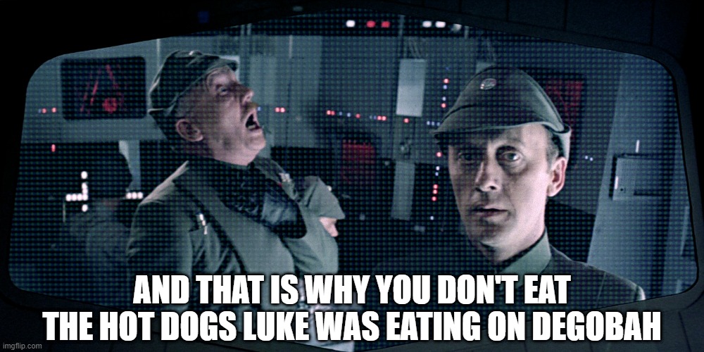 Not Good For You | AND THAT IS WHY YOU DON'T EAT THE HOT DOGS LUKE WAS EATING ON DEGOBAH | image tagged in star wars choke | made w/ Imgflip meme maker