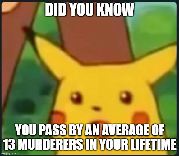 This is actually true! | DID YOU KNOW; YOU PASS BY AN AVERAGE OF 13 MURDERERS IN YOUR LIFETIME | image tagged in surprised pikachu,murderer,scary facts,13,scary | made w/ Imgflip meme maker