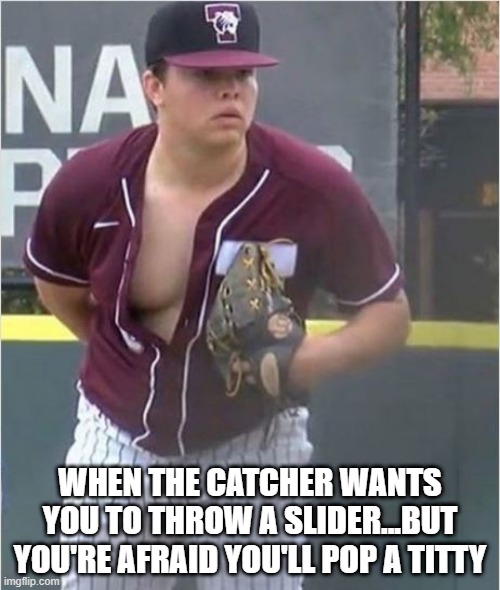 I'll Pass on That Pitch | WHEN THE CATCHER WANTS YOU TO THROW A SLIDER...BUT YOU'RE AFRAID YOU'LL POP A TITTY | image tagged in sports humor | made w/ Imgflip meme maker