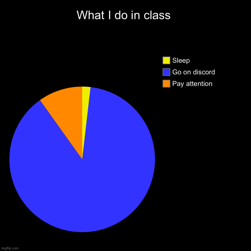 ScHoOl | What I do in class | Pay attention, Go on discord, Sleep | image tagged in charts,pie charts,memes | made w/ Imgflip chart maker