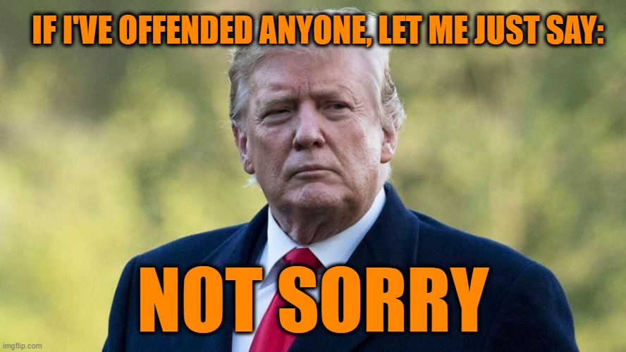 Straight Talk | IF I'VE OFFENDED ANYONE, LET ME JUST SAY:; NOT SORRY | image tagged in president trump | made w/ Imgflip meme maker