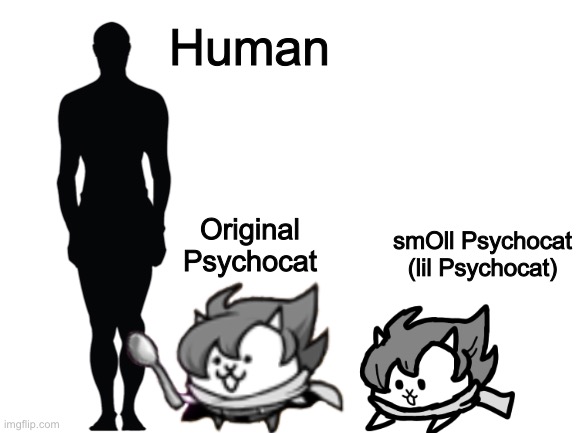 smOll Psychocat or Lil Psychocat Height (if you wondering...) | Human; smOll Psychocat (lil Psychocat); Original Psychocat | image tagged in blank white template,memes,funny,cats,oc,small | made w/ Imgflip meme maker