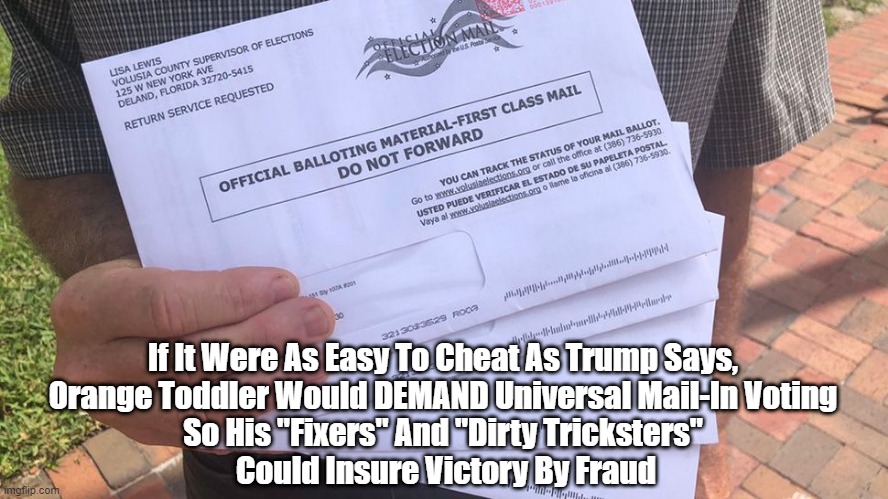  If It Were As Easy To Cheat As Trump Says, 
Orange Toddler Would DEMAND Universal Mail-In Voting 
So His "Fixers" And "Dirty Tricksters" 
Could Insure Victory By Fraud | made w/ Imgflip meme maker