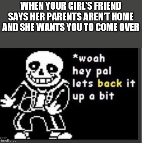 I made this a template | WHEN YOUR GIRL'S FRIEND SAYS HER PARENTS AREN'T HOME AND SHE WANTS YOU TO COME OVER | image tagged in whoa hey pal let's back it up a bit | made w/ Imgflip meme maker