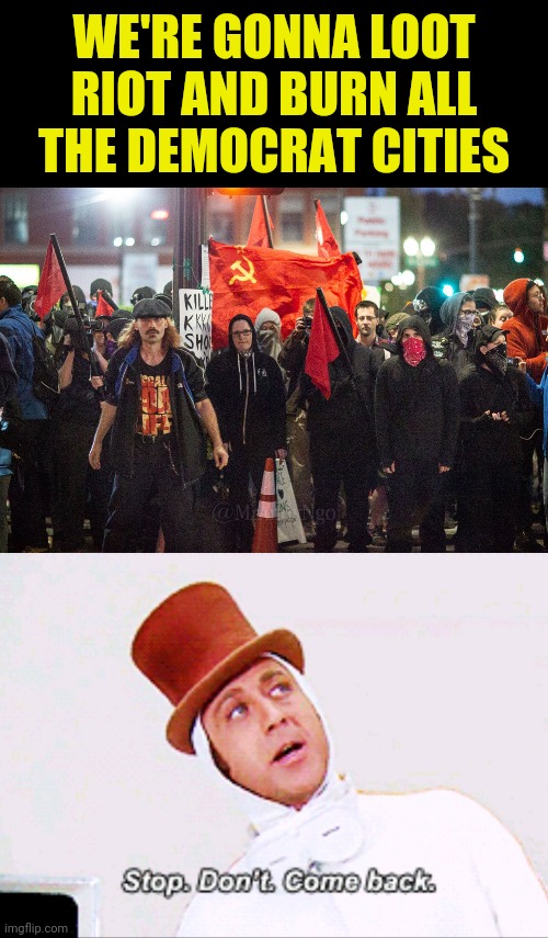 When The Leftist Say | WE'RE GONNA LOOT RIOT AND BURN ALL THE DEMOCRAT CITIES | image tagged in leftists,cultural marxism,communism,socialist,willy wonka,political meme | made w/ Imgflip meme maker