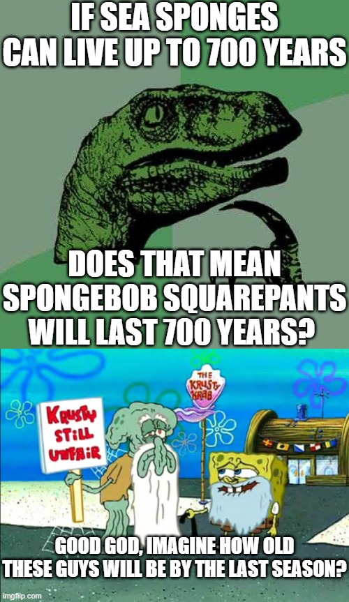 the year spongebob will end in the year 2699! i will be dead by then? | IF SEA SPONGES CAN LIVE UP TO 700 YEARS; DOES THAT MEAN SPONGEBOB SQUAREPANTS WILL LAST 700 YEARS? GOOD GOD, IMAGINE HOW OLD THESE GUYS WILL BE BY THE LAST SEASON? | image tagged in memes,philosoraptor,spongebob squarepants,spongebob | made w/ Imgflip meme maker