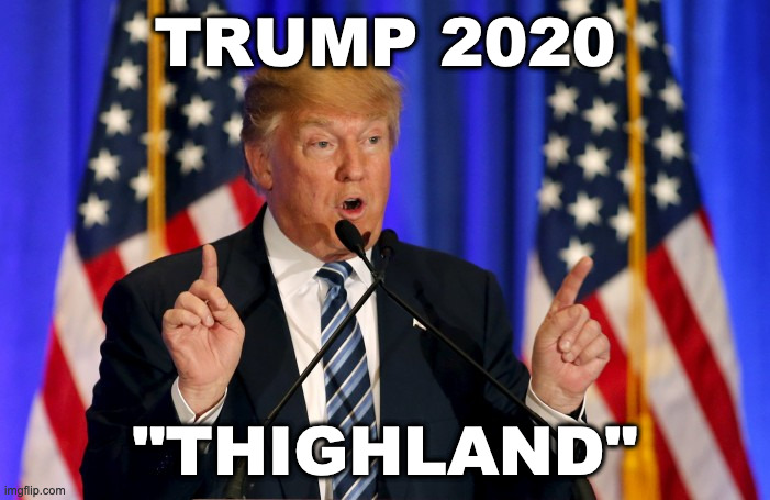 Thighland | TRUMP 2020; "THIGHLAND" | image tagged in donald trump,thighland,trump speaks,trump geography | made w/ Imgflip meme maker